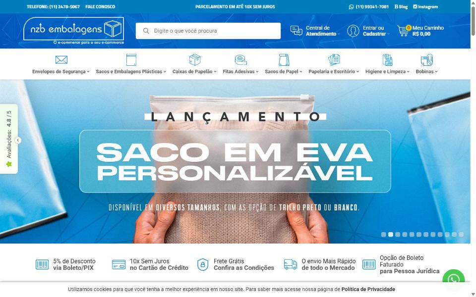 Página inicial da loja virtual da NZB Embalagens